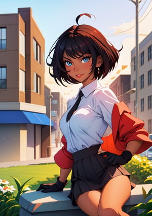 masterpiece, best quality, 1girl, short_hair_with_long_locks, black_hair, red dress, miniskirt, short sleeves, blue eyes, black gloves, slightly tanned, lip_stick, big breasts, red dark skin, hairless, lighter_skin, looking at viewer, wink, pointing at viewer, one eye closed, legs together, grey necktie, Small hands, sitting, masterpiece of Digital art, very detailed and coherent, intricate, soft focus, dramatic shadows, basic_backgroud, light_particles, comprehensive cinematic, magical fotography, simple_background, white_background, two_arms, ahoge, coherence, city_background, ahoge, focus face, cosplay photo