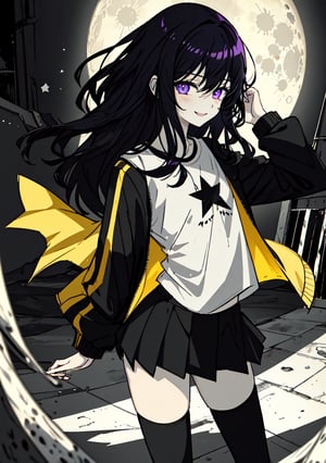 purple_eyes, dark_purple_hair, 1girl, wavy_hair, slim, tiny_girl, small_hands, darken_hair, wind, darken_hair, black_jacket, dark_skirt, star_(symbol), one symbol in the shirt, yellow_star_print_(symbol in the shirt center), happy_face, small_chest,fullmoon white_shirt, one big star_(symbol) blouse, white_shirt ,masterpiece of Digital art, very detailed and coherent, intricate, soft focus, dramatic shadows, basic_background, light_particles, smile,, comprehensive cinematic, magical fotography, (full purple neon lighting), (full yellow neon lighting), moon, PRINT YELLOW (SYMBOL) IN THE CENTER), NO PRINT STAR PURPLE (SYMBOL), print star symbol, ahe_gao, big_thighs, doggy position, pale_skin, 