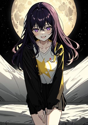 purple_eyes, dark_purple_hair, 1girl, wavy_hair, slim, tiny_girl, small_hands, darken_hair, wind, darken_hair, black_jacket, dark_skirt, star_(symbol), one symbol in the shirt, yellow_star_print_(symbol in the shirt center), happy_face, small_chest,fullmoon white_shirt, one big star_(symbol) blouse, white_shirt ,masterpiece of Digital art, very detailed and coherent, intricate, soft focus, dramatic shadows, basic_background, light_particles, smile,, comprehensive cinematic, magical fotography, (full purple neon lighting), (full yellow neon lighting), moon, PRINT YELLOW (SYMBOL) IN THE CENTER), NO PRINT STAR PURPLE (SYMBOL), print star symbol, ahe_gao, big_thighs, doggy position, pale_skin, 