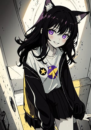 purple_eyes, dark_purple_hair, 1girl, wavy_hair, slim, tiny_girl, small_hands, darken_hair, wind, darken_hair, black_jacket, dark_skirt, star_(symbol), one symbol in the shirt, yellow_star_print_(symbol in the shirt center), happy_face, small_chest,fullmoon white_shirt, one big star_(symbol) blouse, white_shirt ,masterpiece of Digital art, very detailed and coherent, intricate, soft focus, dramatic shadows, basic_background, light_particles, smile,, comprehensive cinematic, magical fotography, (full purple neon lighting), (full yellow neon lighting), moon, PRINT YELLOW (SYMBOL) IN THE CENTER), NO PRINT STAR PURPLE (SYMBOL), print star symbol, ahe_gao, big_thighs, doggy position, pale_skin, 