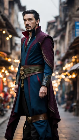 A waist length portrait photo of a male Marvel character Stephen Strange wearing Dr Strange suit posing in an indian village, ((light bokeh)), intricate, elegant, sharp focus, soft lighting, vibrant colors, (masterpiece), ((streets)), (detailed face:1.2)