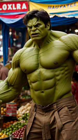 a waist length photo of a Marvel character Hulk in indian market, cinematic light, film still,