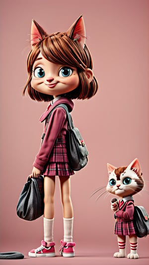 A cute cat is going to school wearing a school bag and school uniform, happy_face, anthromorphic figure, cat head, cat face, cat hands, cat legs,3DMM