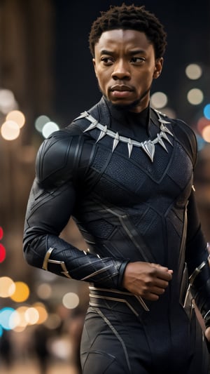 A waist length portrait photo of Marvel character T'Challa in a Black Panther suit without helmet on a indian marketplace, ((light bokeh)), intricate, elegant, sharp focus, soft lighting, vibrant colors, (masterpiece), ((streets)), (detailed face:1.2)