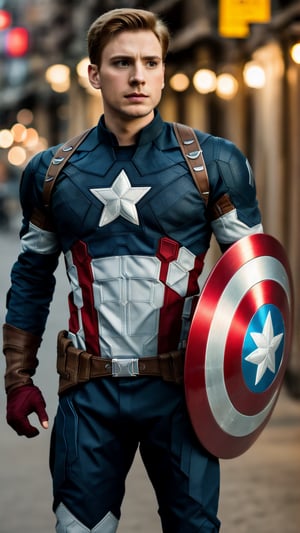 A full length portrait photo of a Marvel character Steve Rogers in Captain America suit posing in an indian city, ((light bokeh)), intricate, elegant, sharp focus, soft lighting, vibrant colors, (masterpiece), ((streets)), (detailed face:1.2)