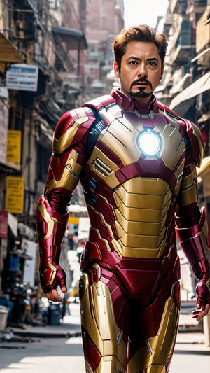 a waist length photo of a Marvel character Tony Stark wearing ironman suit without helmet posing in indian street, cinematic light, film still,