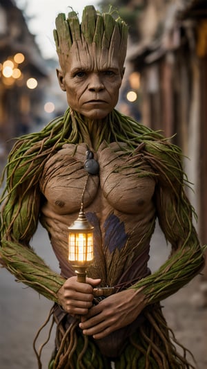 A waist length portrait photo of a male Marvel character Groot posing in an indian village, ((light bokeh)), intricate, elegant, sharp focus, soft lighting, vibrant colors, (masterpiece), ((streets)), (detailed face:1.2)