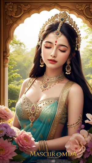 (masterpiece, top quality, best quality, official art, beautiful and aesthetic:1.2), Indian God, Radha Krishna, Radha is leaning her head on the chest of Lord Krishna, closed eyes, Radha's hand on Krishna's chest, dramatic lighting, magical, volumetric lighting, god rays, close shot, midsommar, dress made of flowers,Stunning,movie poster,

