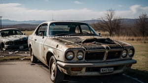 postapocalypse, photo of wrecked old sports car, natural lighting, 8k uhd, high quality, film grain, Fujifilm XT3