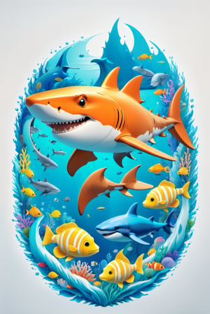 Paint a picture of ocean life. Incorporate elements like a shark, a sea tortoise, a seahorse, a whale etc along with natural elements like rivers, snow capped mountains, forests etc to create a unique and intricate design, symmetrical,perfect_symmetry,Leonardo Style,oni style, line_art,3d style, white background