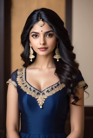  A beautiful white Indian girl wearing a gorgeous navy blue dress, black wavy hairstyle, standing in the corner looking at the camera, 19th century American banquet style, portrait style,Looking at the camera,ulta realistic, detailed, clear focus, deep focus, mouth closed