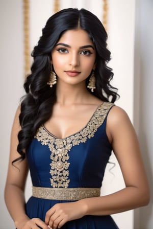  A beautiful white Indian girl wearing a gorgeous navy blue dress, black wavy hairstyle, standing in the corner looking at the camera, 19th century American banquet style, portrait style,Looking at the camera,ulta realistic, detailed, clear focus, deep focus, mouth closed