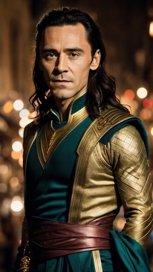 A waist length portrait photo of a male Marvel character Loki posing in an indian village, ((light bokeh)), intricate, elegant, sharp focus, soft lighting, vibrant colors, (masterpiece), ((streets)), (detailed face:1.2)