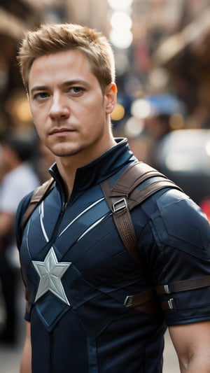 A full length portrait photo of Marvel character Clint Barton in a Hawkeye suit without helmet on a indian marketplace, ((light bokeh)), intricate, elegant, sharp focus, soft lighting, vibrant colors, (masterpiece), ((streets)), (detailed face:1.2)