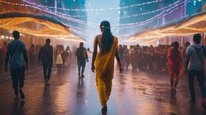 a cinematic photograph of Indian Goddess walking through a futuristic city of Amaravati street whilst a large group of cyberpunks follow, rain falls, festival lights light up the street, ultra realistic, high definition 