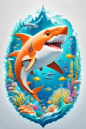 Paint a picture of ocean life. Incorporate elements like a shark, a sea tortoise, a seahorse, a whale etc along with natural elements like rivers, snow capped mountains, forests etc to create a unique and intricate design, symmetrical,perfect_symmetry,Leonardo Style,oni style, line_art,3d style, white background