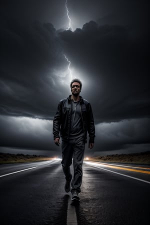 photorealistic black and white, full body man without shoes, road with stormy sky, high resolution image, very detailed, 8k, with flash of lights and shadows