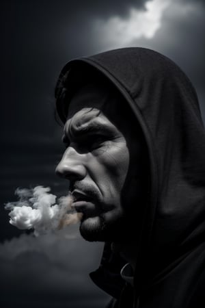 photorealistic black and white, man with hood, shadowed face, smokes cigarette, lots of smoke, stormy sky, high resolution image, very detailed, 8k, with flash of light and shadow, photorealistic