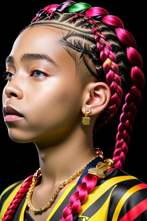 ((Best quality)), ((masterpiece)), ((realistic)) and ultra-detailed photography  1Boy nkneghmn  neon  ((Braided Hair)).  , Teen Male Boy, Rapping in a Fantasy Background with lots of gold jewelry and tons of diamonds
