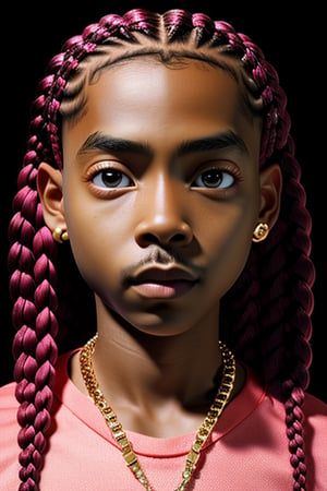 ((Best quality)), ((masterpiece)), ((realistic)) and ultra-detailed photography  1Boy nkneghmn  neon  shoulder length ((Braided Hair)).  , Teen Male Boy, Rapping in a Fantasy Background with lots of gold jewelry and tons of diamonds, 3dmm style, (masterpiece, best quality), intricate details, solo, dark skin, purple eyes and pupils \ anime \), t, looking at viewer,3DMM
,perfecteyes