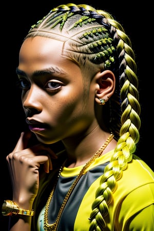 ((Best quality)), ((masterpiece)), ((realistic)) and ultra-detailed photography  1Boy nkneghmn  neon  ((Braided Hair)).  , Teen Male Boy, Rapping in a Fantasy Background with lots of gold jewelry and tons of diamonds
