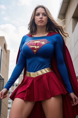 Full body shot, ((low angle shot)) of a teenager dressed as supergirl, upskirt, cameltoe,