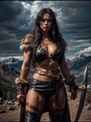 A medium-shot image of a fierce female barbarian with a muscular build, captured in a realistic, photograph-like style. She has long, braided dark hair and piercing green eyes. Her skin is heavily tanned and scarred. She is dressed in fur and leather, with a large axe strapped to her back. The background is a rugged, mountainous terrain with a cloudy sky,perfect