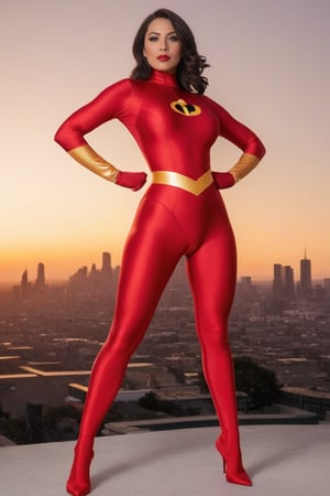 A curvaceous, 35-year-old beauty stands confidently in a vibrant red The Incredibles-inspired spandex zentai satin costume. The sleek, high-neckline design accentuates her voluptuous figure as she strikes a powerful pose against a bold, cityscape backdrop. Golden lighting casts a warm glow on her radiant skin, emphasizing the dynamic folds and creases of the iconic costume.