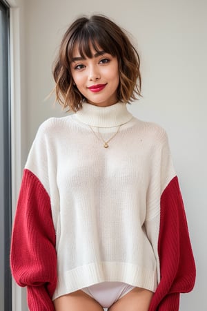 Generate hyper realistic image of a woman with short red hair styled in a bob cut with blunt bangs, looking at the viewer with blue eyes and a closed mouth. She is standing with her head tilted slightly, wearing a white turtleneck sweater and white panties. She has on shiny red pantyhose and shiny makeup, including pink lips and clear skin. She is smiling subtly, her nose and red lips highlighted by her makeup, her outfit completed by a black sweater over her turtleneck.