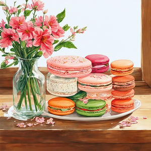 A vibrant still life composition featuring a variety of colorful macarons arranged on a rustic wooden table, surrounded by fresh flowers in various hues. The scene is softly lit from a window, casting a warm, natural glow. The flowers are in full bloom, with petals gently touching the macarons, creating a harmonious blend of textures and colors. The framing captures the entire arrangement, highlighting the delicate balance between the sweet treats and the natural beauty of the flowers.