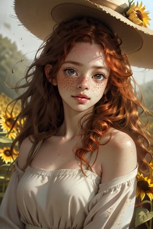 breathtaking painting of a gorgeous girl with a sunhat standing far out in a sunflower field, turning to look at the viewer, curly red hair, windy, cute dusting of freckles on her cheeks and shoulders, (Kokie Childers face, amazing likeness:0.5), off the shoulder white dress with skirt blowing in the wind, whimsical mood, illuminated misty irish forest in the far background, by marc simonetti and yoji shinkawa and wlop, style of guweiz, edwin landseer, eye-catching detail, insanely intricate, vibrant light and shadow ,beauty, paintings on panel, captivating, style of oil painting, modern ink, watercolor, brush strokes, masterpiece, the most beautiful, best quality, something the even doesn't exist, fae magic, mysterious floating lights,Freckles,portrait,freckled girl