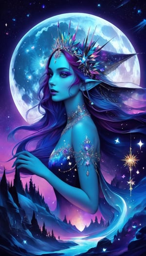 extremely detailed intricate double exposure portrait surreal vibrant colorful collage art illustration gorgeous elf night princess with beautiful vibrant gorgeous fantasy world,  blue full moon,  starry night,  stars,  blue and purple tones,  moonlight,  highly detailed,  trending on artstation,  sharp focus,  vibrant triadic colours,  hypermaximalist,niji style,Decora_SWstyle