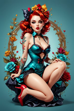 Gothic pin up, sitting sexy. illustration in the style of Alberto Seveso, 16k, masterpiece, realistic, vibrant colors, uhd, perfect composition, beautiful, detailed, intricate, insanely detailed octane rendering trending on artstation, detailed anatomy, realistic proportions, watercolor, artstation trend