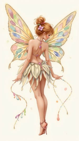 Design an intricate watercolor pin up fairy, in pale pastels. artwork and give it a lithograph effect.