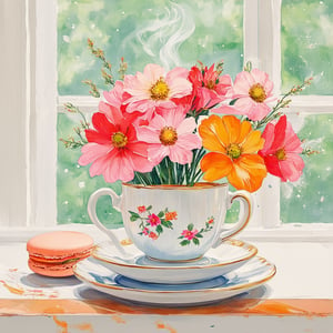 A cozy, intimate still life scene featuring a cup of steaming tea on a delicate saucer, accompanied by a plate of colorful macarons. A vibrant bouquet of flowers sits nearby, adding a splash of color and natural beauty. The scene is softly lit from a nearby window, casting a warm, inviting glow. The composition is centered, with the cup of tea and plate of macarons slightly offset, drawing attention to the bouquet of flowers. The overall atmosphere is serene and inviting, perfect for a quiet moment of indulgence.