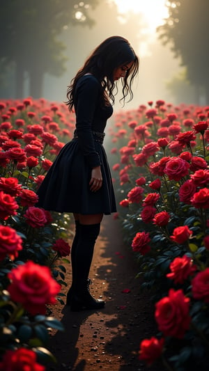 A dark-haired goth girl poses amidst a sea of lush, crimson roses, their velvety petals swaying gently in the breeze. She stands with one leg bent, her black boots sinking into the soft earth, as she gazes down at the flowers with an air of melancholy. The sun casts long shadows behind her, illuminating the delicate thorns and intricate details of each rose, while a faint misty veil hangs in the background, adding to the mystical ambiance.