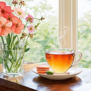 A serene still life composition featuring a cup of steaming tea on a delicate saucer, with a plate of colorful macarons placed elegantly to the side. In the background, a variety of flowers add a splash of color and natural beauty. The scene is softly lit from a nearby window, casting a warm, inviting glow. The composition is balanced, with the tea and macarons in the foreground, drawing attention, while the flowers in the background provide a complementary and visually appealing backdrop. The overall atmosphere is calm and inviting, perfect for a moment of relaxation and indulgence.