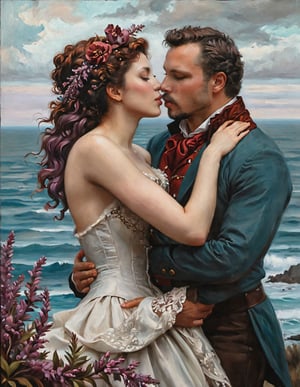 painting with an image of a girl and man , riyo (lyomsnpmp) (style), in the style of italian art, kiss neck,  background sea  heather theurer, rococo art style  figures, raw style , in the style of esao andrews