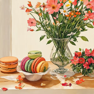 A vibrant still life composition featuring a variety of colorful macarons arranged on a rustic wooden table, surrounded by fresh flowers in various hues. The scene is softly lit from a window, casting a warm, natural glow. The flowers are in full bloom, with petals gently touching the macarons, creating a harmonious blend of textures and colors. The framing captures the entire arrangement, highlighting the delicate balance between the sweet treats and the natural beauty of the flowers.