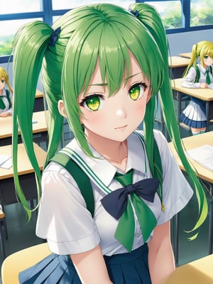 (masterpiece: 1.2), (artwork: 0.5), (detailed expressive and intense eyes: 0.6), (detailed hair), fair skin, long straight green hair tied in pigtails, intense yellow eyes, wearing school clothes (white blouse, blue pleated skirt), white socks, classroom background Dreamy Anime XL - 0.2.