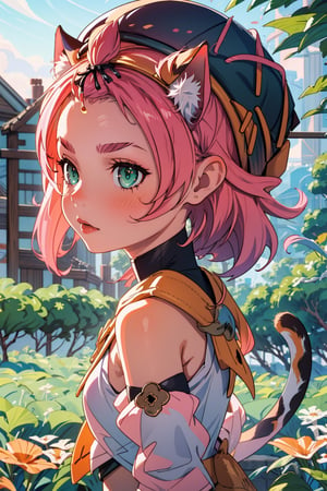 1 Girl, beer, girl holding beer, graceful figure, crowd, beer festival, high-definition image quality, best portrait, SFW., masterpiece, best quality, outdoors,1girl, animal ears, solo, diona (genshin impact), cat ears, pink hair, tail, navel, cat tail, animal ear fluff, hat, shorts,green eyes, cat girl, gloves, white gloves,  detached sleeves,(kbxll:0.8)