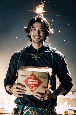 (((Genshin Impact, Alhaitham))), man, short gray hair, flame sparks, fantasy oil painting, Deliveryman, pizza box in hand, smile, Perfect body