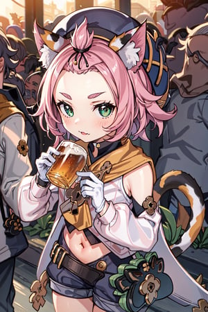 1 Girl, beer, girl holding beer, graceful figure, crowd, beer festival, high-definition image quality, best portrait, SFW., masterpiece, best quality, outdoors,1girl, animal ears, solo, diona (genshin impact), cat ears, pink hair, tail, navel, cat tail, animal ear fluff, hat, shorts,green eyes, cat girl, gloves, white gloves,  detached sleeves,(kbxll:0.8)