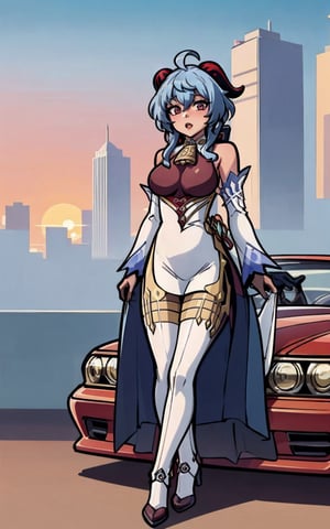 In the GTA-style sunset,  impressive pose, radiating an aura of coolness. The golden hues of the setting sun reflect off her, ((Ganyu)),
The cityscape around her incorporates GTA elements, with towering skyscrapers and neon lights subtly visible in the evening glow. stands beside a luxurious sports car, its body reflecting the radiance of the sunset. The entire scene is infused with exaggerated action and vibrant colors ,Ganyu(Genshin Impact)
,