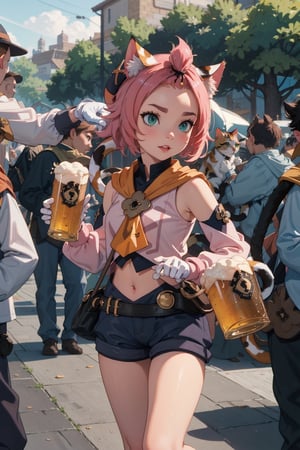 1 Girl, beer, girl holding beer, graceful figure, crowd, beer festival, high-definition image quality, best portrait, SFW., masterpiece, best quality, outdoors,1girl, animal ears, solo, diona (genshin impact), cat ears, pink hair, tail, navel, cat tail, animal ear fluff, hat, shorts,green eyes, cat girl, gloves, white gloves,  detached sleeves,(kbxll:0.8)