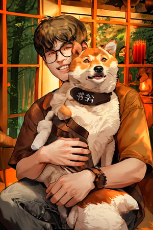 A boy sat with a firewood dog in his arms, with a leather jacket, adds facial beauty without exaggeration,  a slight happy smile, eyes of a fire color tone, in a magical forest environment by day