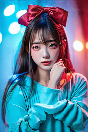 a young woman,looking at the camera, posing,ulzzang, streaming on twitch, character album cover,red moment,style of bokeh,daily wear,moody lighting,appropriate comparison of cold and warm, hair over one eye, bow on head,