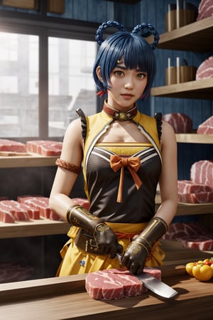 kamisatoayakadef, blue hair, holding a knife, in a (butcher shop), butcher, (best quality), ((masterpiece)), (extremely detailed CG 8k),xianglingdef