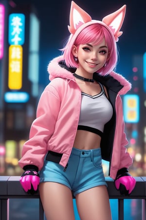 1girl,  masterpiece,  best quality,  cute,  (evil smile:1.2),  pink hair,  very short hair,  animal ears,  wolf ears,  pink jacket,  shorts,  paw pose,  (cat paw gloves:1.4),  facing viewer,  looking at viewer,  neon city light,  nighttime
