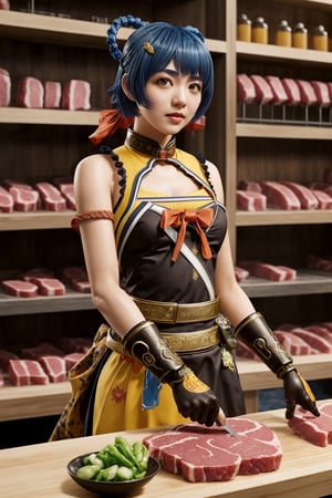 kamisatoayakadef, blue hair, holding a knife, in a (butcher shop), butcher, (best quality), ((masterpiece)), (extremely detailed CG 8k),xianglingdef